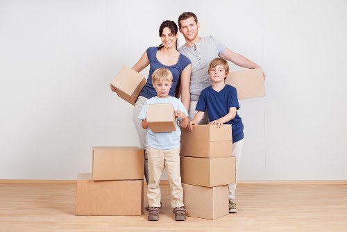 Packed boxes and furniture ready for a domestic move in North London
